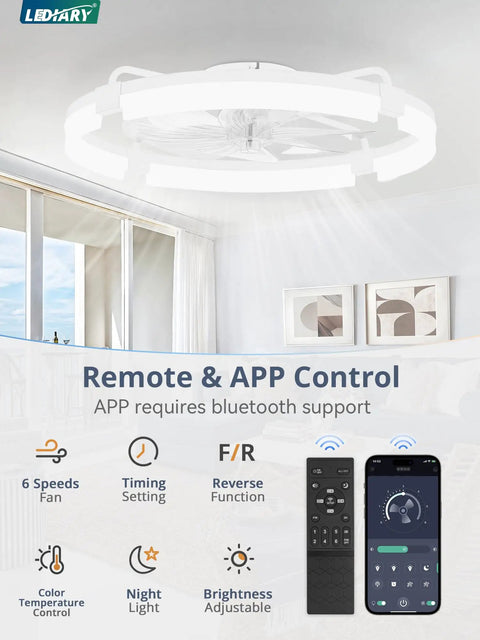 Straight Up Silent 24 Inch Low Profile Fandelier With App And Wireless Remote showing app controls and features in a stylish room.