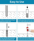 Diagram showing steps to use large drop in anchor hand setting tool with handle for half inch female thread drop in anchors.