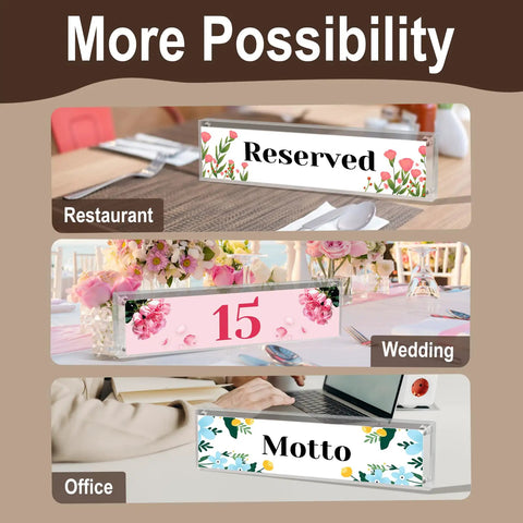 Acrylic Desk Name Plate Holder For Office 2x8 Inch Double Sided Block Clear Table Sign Stand For Names Titles Logos And Mottos DIY Print Inset Fits 2x8 Inch Paper Front And Back Display Boss Level For Your Office Desk with examples from restaurant, wedding, and office settings.