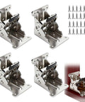 Four Pack Heavy Duty Folding Brackets With Self Locking Adjustable Angles Built Like A Tank To Support Eighty Eight Pounds Rock Solid Steel Build, showcased in a detailed arrangement with screws.