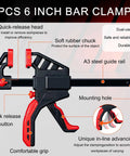 Image of 2pcs 6 inch bar clamps with quick-release mechanism and soft rubber chuck for woodworking projects.