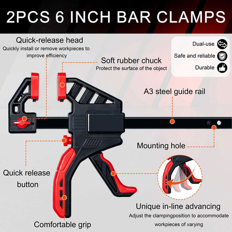 Image of 2pcs 6 inch bar clamps with quick-release mechanism and soft rubber chuck for woodworking projects.