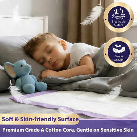 Legit Heavy Duty Disposable Underpads 36X36 Inches 50 Pack Super Soak Adult Pee Pads for Seniors and Pets on a bed.