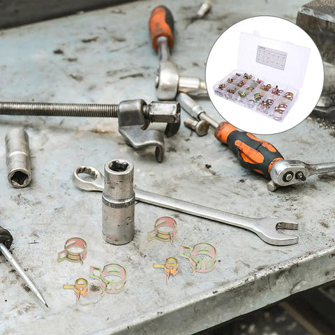 Ultimate 115-Piece Spring Band Hose Clamp Kit For Fuel Lines. Heavy Duty Carbon Steel With Zinc Coating Stops Rust And Leaks. Perfect Tight Grip For Silicone Tubes, Auto Repair Jobs, Marine Setup, And Tough Outdoor Work Situations Without Any Failures. 115-piece clamp set in case