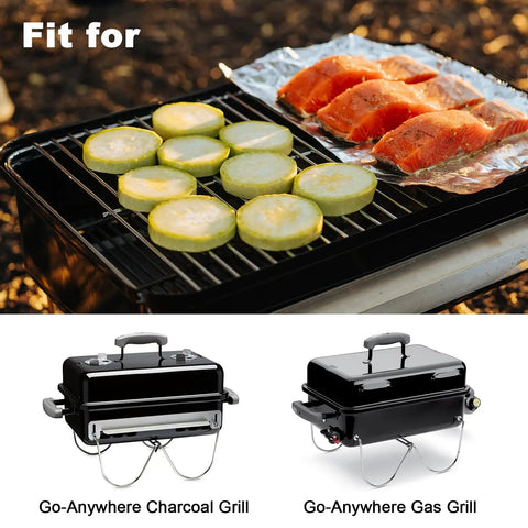 Game Changing Stainless Steel Cooking Grate And Flavorizer Bar Combo Kit Replacement For Weber Go Anywhere Portable Gas Charcoal Grill, zucchini and salmon on grill.