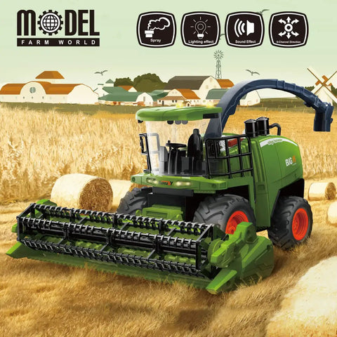 Remote Control Harvester Tractor With Dual Grain Combine Heads, 2.4GHz RC Farm Vehicle Toy in field with bales