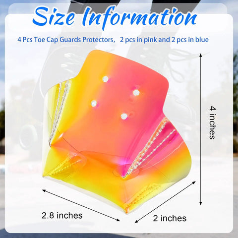 Dope 4 Pack Toe Cap Guards For Roller Skates Protectors Set in glossy pink and blue, size 2.8 x 4 inches, overlayed on skates