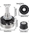 10K Ohm Potentiometer Single Turn Carbon Film Rotary Taper For Inverter Speed Control With 2 A03 Knobs And 2 Dials 2-Watt 3-Pin Potentiometer 20000 Cycle Life Compact 24 By 14 Mm, featuring dimensions and components