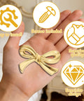 Gold Bow Cabinet Knob Set For Dresser And Cabinets, 6 pack drawer pulls with screws, shown on hand with easy install features.