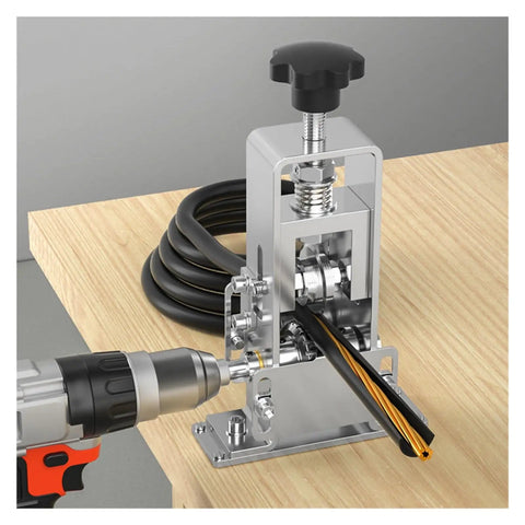 Professional Manual Rotary Wire Strippers Machine For 1 To 25 Mm Cables With Alloy Body and Hand Crank Lever Efficient Cable StrippingTool in use on wooden surface.