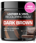 Real Deal Dark Brown Leather Recoloring Balm To Bring Couch Back To Life Knock Out Nasty Scratches Fast While Conditioning And Restoring Faded Leather Look Sharp in a jar next to a brown leather chair.