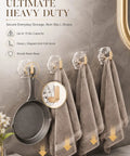 Heavy Duty Adhesive Wall Hooks With Rock Solid Grip, Hexagonal Ripple Texture mounted on tile holding towels and a pan.