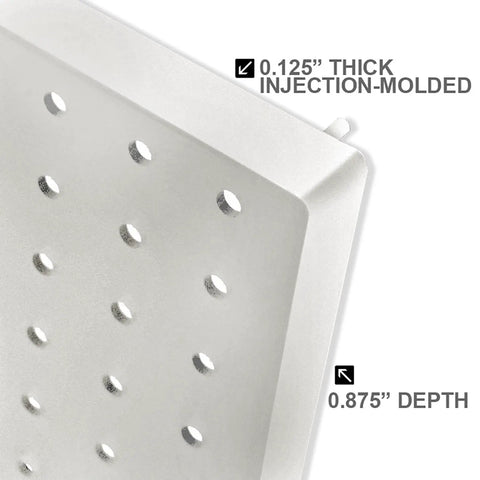 Close-up of Beast Pegboard Organizer Kit panel showing 0.125" thickness and 0.875" depth, white, injection-molded material.