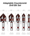 Five Piece Countersink Drill Bit Set With 82 Degree Tips And A One Quarter Inch Hex Shank For Wood Metal And Plastic Includes Sizes One Quarter, Three Eighths, One Half, Five Eighths, And Three Quarters Inch Handy For Precision Woodworking, front view.