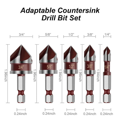 Five Piece Countersink Drill Bit Set With 82 Degree Tips And A One Quarter Inch Hex Shank For Wood Metal And Plastic Includes Sizes One Quarter, Three Eighths, One Half, Five Eighths, And Three Quarters Inch Handy For Precision Woodworking, front view.