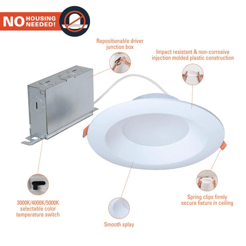 Six Inch Canless LED Recessed Light Dimmable 3000K 4000K 5000K CCT 800 Lumens with junction box and CCT switch.