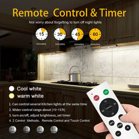 Remote control and timer features for Six Pack Wireless Under Cabinet Lights With Remote Control No Fuss Dimmable 20 LED Rechargeable