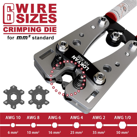 Close-up of Beefy Battery Cable Lug Crimping Tool Kit For AWG 10 To 1/0, showing crimping die sizes and precision jaws.