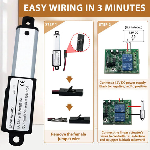 Ultra Compact 12V DC Linear Actuator With Remote Control Kit Two Inch Stroke 64N Load About 14.4 Lb wiring instructions