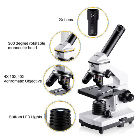 Kid Friendly Microscope Kit For Kids And Adults 100X To 2000X Compound Microscope with 25X eyepiece, 2X lens, metal frame