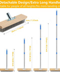 65 Inch Long Handle Deck Scrub Brush With Dense Stainless Steel Bristles For Moss Grime And Algae Removal On Concrete Patio Driveway Garage Pool And Tile Surfaces, showing detachable long handle design with multiple height options from 48cm to 165cm.