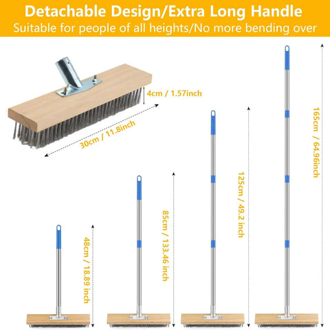 65 Inch Long Handle Deck Scrub Brush With Dense Stainless Steel Bristles For Moss Grime And Algae Removal On Concrete Patio Driveway Garage Pool And Tile Surfaces, showing detachable long handle design with multiple height options from 48cm to 165cm.