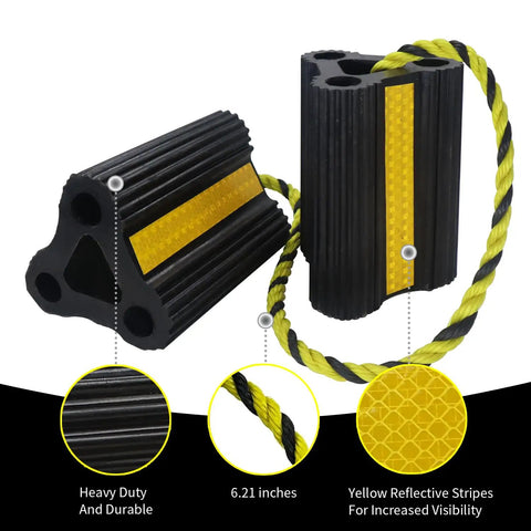 Heavy Duty Rubber Wheel Chocks With Rope For RVs Campers Travel Trailers Cars And Trucks Easy To Use Wheel Immobilizers Grippy No Slip Tire Chocks For Parking Durable 4 Pack Two Pairs shown with yellow reflective stripe and rope on black surface.