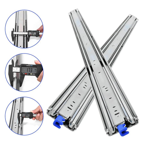 Heavy Duty Drawer Slides Built Tough As Nails Featuring Three Fold Lock Mechanism and Full Extension Glide rated for 300 Pound haul.