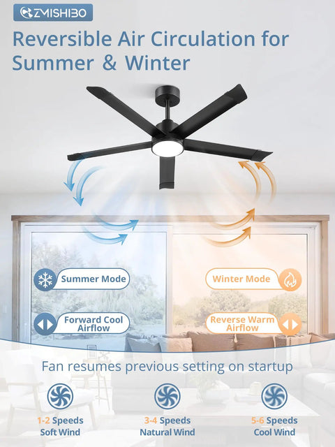 ZMISHIBO 52 Inch Ceiling Fans with Lights, Bend-Resistant Aluminum Blades demonstrating summer and winter airflow settings.