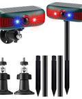 Solar Powered Outdoor Alarm Motion Sensor With 129dB Siren, Ultrasonic Detector And Strobe Light, 4 Modes For Critter Deterrent, Waterproof Security System For Home And Farm (Red), two units with mounts and poles