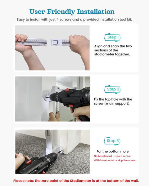 Installation guide demonstrating steps to assemble Wall Mounted Height Gauge For Home Or Clinic, Aluminum Stadiometer with tools.