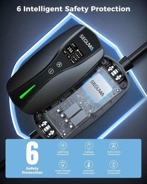 Level 1 2 Portable Ev Charger With Native Nacs Port Nema 5 15 Plug Adjustable 6 To 16 Amps with safety features displayed.