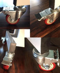 Close-up of Heavy Duty Swivel Stem Castors With Red PU Wheels Double Locking Quiet Smooth Non Marking Floor Safe Load Capacity 800-1000 Lb Metric M10-1.5x25mm Threads 2 Inch Wheels Pack Of 4 Ideal For Carts And Cabinets installed on furniture.