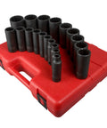Heavy Duty 1/2 Inch Drive 12 Point SAE Deep Impact Socket Set, 19 Piece, CR MO Alloy Steel Construction, red case