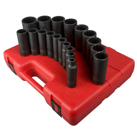 Heavy Duty 1/2 Inch Drive 12 Point SAE Deep Impact Socket Set, 19 Piece, CR MO Alloy Steel Construction, red case