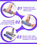 Instructions for Replacement No-Tangle Vacuum Head For Dyson Cordless V7 V8 V10 V11 V15 installation and cleaning steps.