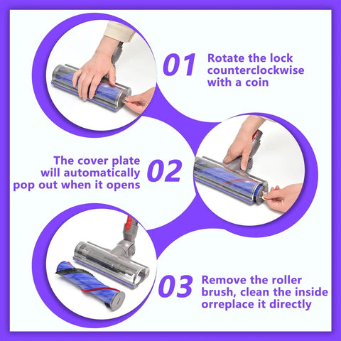 Instructions for Replacement No-Tangle Vacuum Head For Dyson Cordless V7 V8 V10 V11 V15 installation and cleaning steps.
