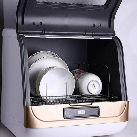 Interior view of Reliable Countertop Dishwasher With High Temp Air Dry Three Wash Modes And 360 Rotate Spray with plates.