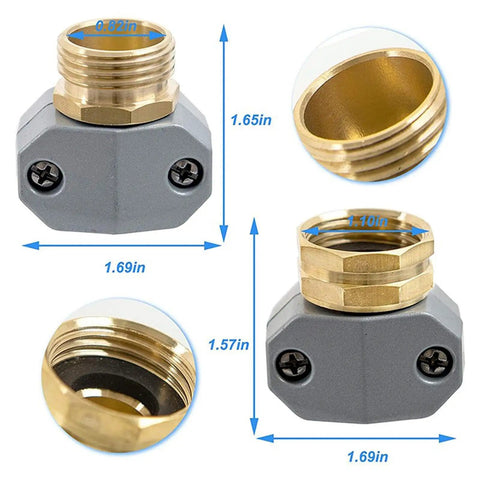 Awesome Garden Hose Repair Kit With Premium Aluminum And Zinc Alloy Couplings For 5/8 Inch And 3/4 Inch Hoses To Fix Leaks Fast And Save Cash On Replacing Pipes. Brass hose repair fitting with screws, shown with 0.82in and 1.69in measurements.