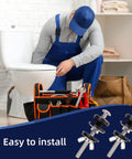 Plumber using 2 Pcs Toilet Tank Bolts Replacement Kit Heavy Duty Stainless Steel with tools and toilet in background