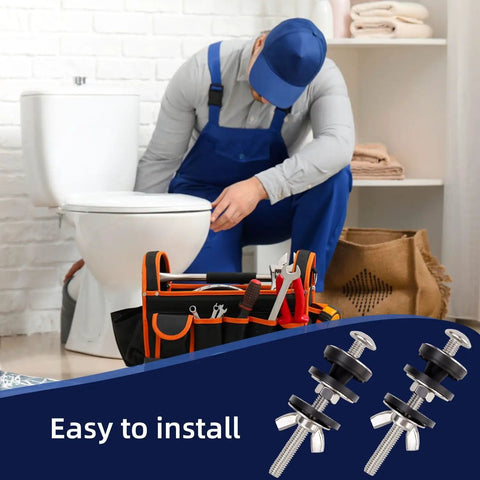 Plumber using 2 Pcs Toilet Tank Bolts Replacement Kit Heavy Duty Stainless Steel with tools and toilet in background