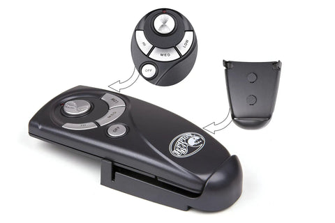 Replacement Wireless Ceiling Fan Remote For UC7083T Black Controller With Dual Light Control and battery cover shown.