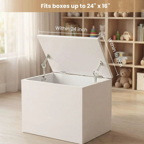 White wooden toy box with open lid showing 2 Pack Adjustable Lid Support Hinges for Wooden Toy Boxes and Small Storage Cabinets.