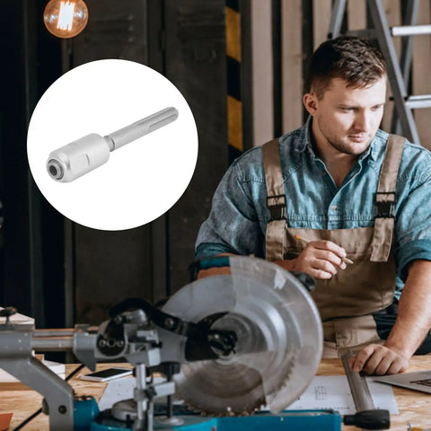 Beefy SDS to SDS Plus Drill Adapter For Rotary Hammers, worker on job site with hammer and drill adapter.