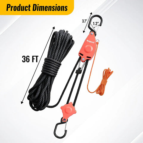 Self Locking Block and Tackle Pulley System With 36 Foot Three Eighths Inch Rope Hands Free Hoist Limit 70 Lbs Tie Down Limit 350 Lbs Rope Hoist Hanger For Bike Kayak Deer Hunting Garage Storage Gear 1 Pack, black rope and orange pulley, 36 ft