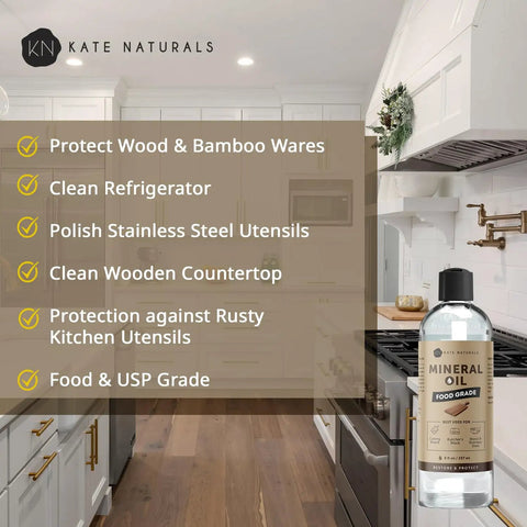 Top Shelf Food Grade Mineral Oil Eight Ounce Wood Conditioner on kitchen countertop for cutting boards and butcher blocks.