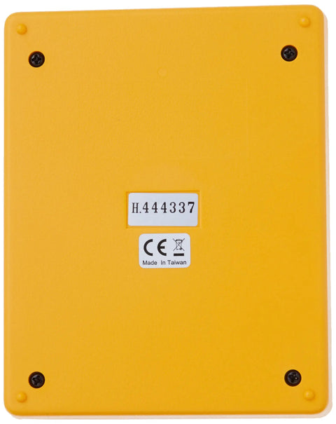 Back view of Pro Grade Resistance Decade Box for bench with yellow casing and visible serial number and CE marking.