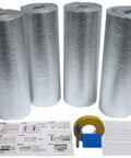 Reflective Garage Door Insulation Kit For One Car Pre Cut For 8 Panel Doors With R8 Rating One Quarter Inch Thick And New Super Heavy Duty Double Sided Foam Tape Fits 8x7 8x8 9x7 9x8 Single Doors Silver Easy Install, showing four rolls of silver insulation with tape and instructions.