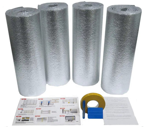 Reflective Garage Door Insulation Kit For One Car Pre Cut For 8 Panel Doors With R8 Rating One Quarter Inch Thick And New Super Heavy Duty Double Sided Foam Tape Fits 8x7 8x8 9x7 9x8 Single Doors Silver Easy Install, showing four rolls of silver insulation with tape and instructions.