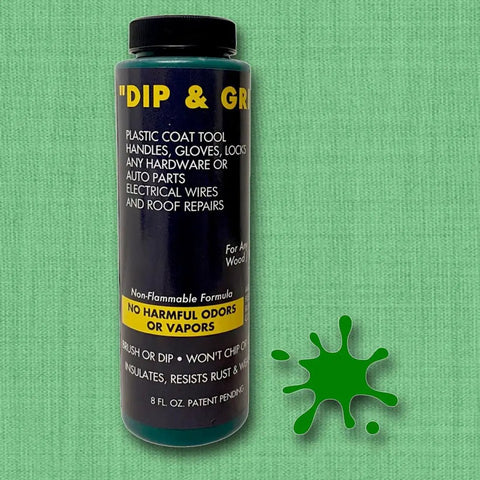 Product image of Liquid Rubber Coating For Non Slip Tool Grips And Handles Green 8oz Anti Slip Barrier bottle on green background.